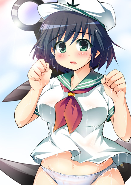 tekehiro, murasa minamitsu, touhou, 1girl, anchor, breasts, female focus, no pants, panties, sailor, see-through clothes, solo, underwear, wet