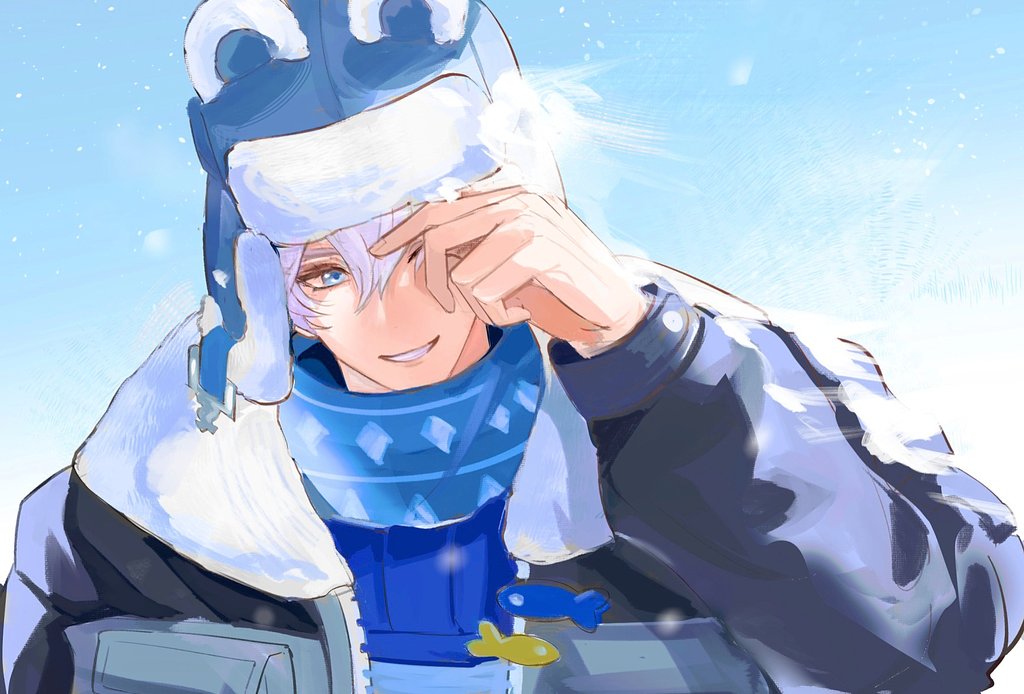 quinieo o, commentary, english commentary, 1boy, animal ear headwear, animal ears, bear ears, bear hat, fake animal ears, hand on own face, hat, heartopia, smile, solo, vanya (heartopia), white hair, winter clothes