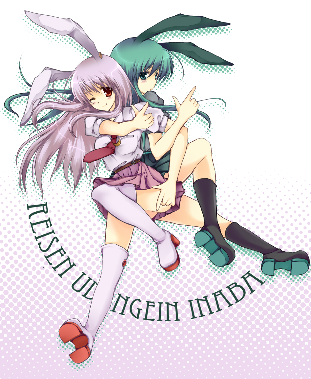 mutsu (kitakaze berry), reisen udongein inaba, touhou, bad id, bad pixiv id, highres, 2girls, alternate color, alternate hair color, animal ears, dual persona, female focus, green eyes, green hair, long hair, multiple girls, necktie, player 2, purple hair, rabbit ears, red eyes