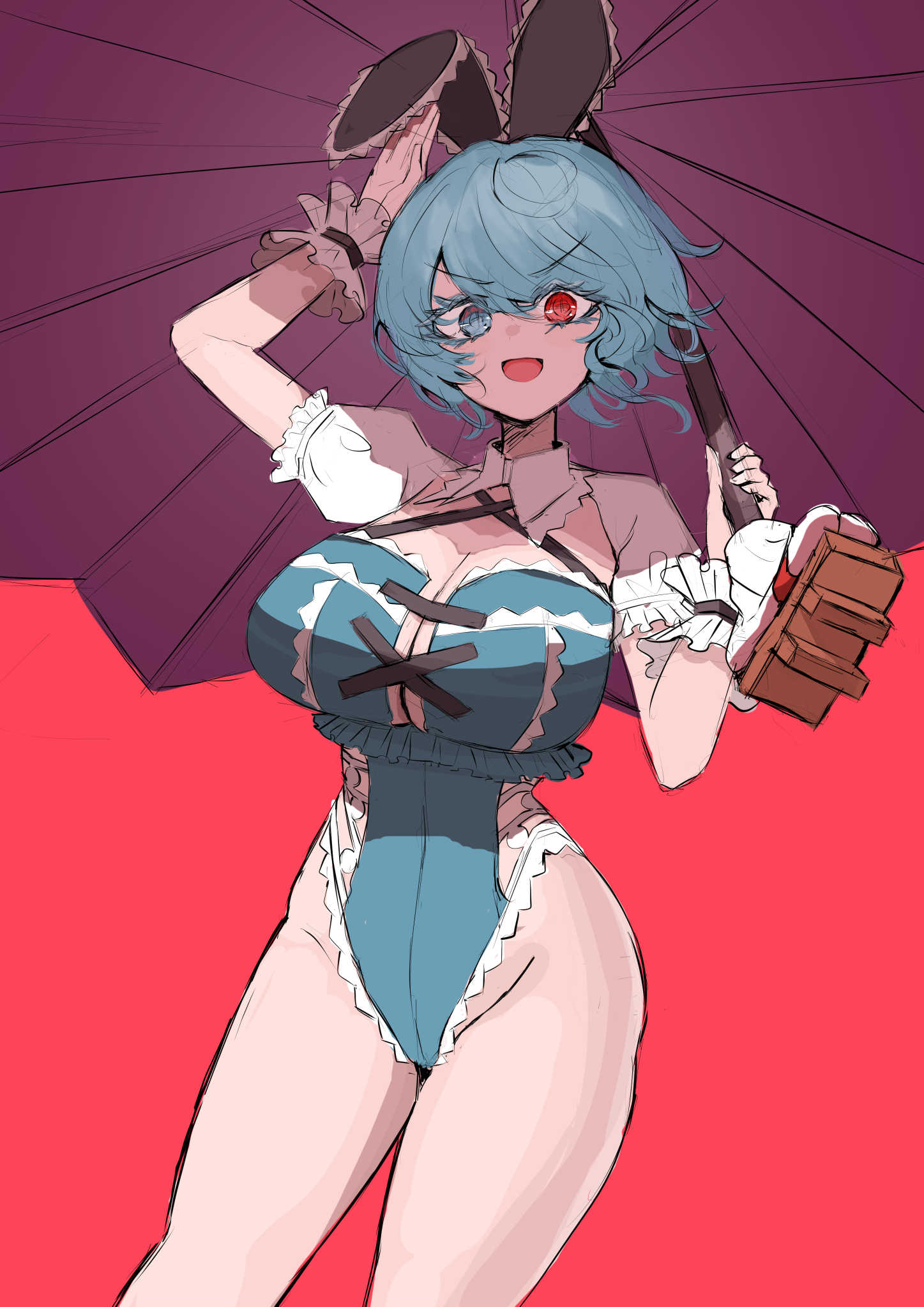 protectload, tatara kogasa, touhou, commentary request, highres, 1girl, :d, adapted costume, animal ears, blue eyes, blue hair, blue leotard, breasts, cleavage, cross-laced clothes, frilled leotard, frills, groin, heterochromia, holding, holding umbrella, large breasts, leotard, open mouth, playboy bunny, purple umbrella, rabbit ears, red background, red eyes, short hair, short sleeves, simple background, smile, solo, umbrella, v-shaped eyebrows, wrist cuffs