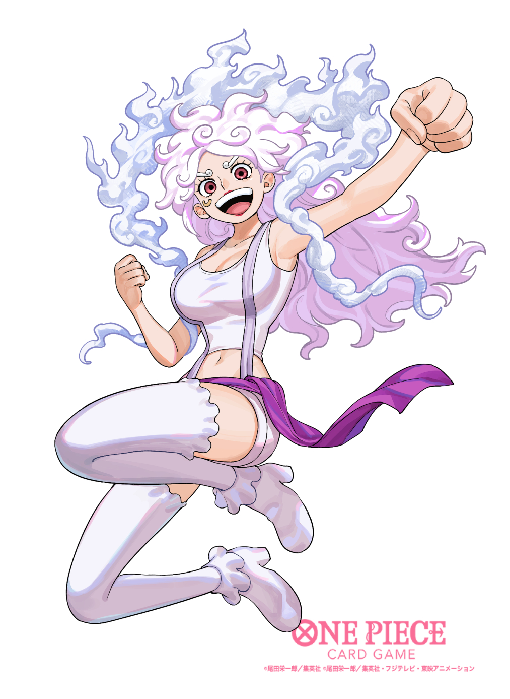 sunohara (encount), jewelry bonney, one piece, one piece card game, commentary request, highres, official art, 1girl, anti-eyebrow piercing, clenched hands, copyright name, face piercing, full body, long hair, looking at viewer, midriff, navel, open mouth, piercing, pink eyes, purple sash, sash, simple background, smile, tank top, thighhighs, white background, white tank top, white thighhighs