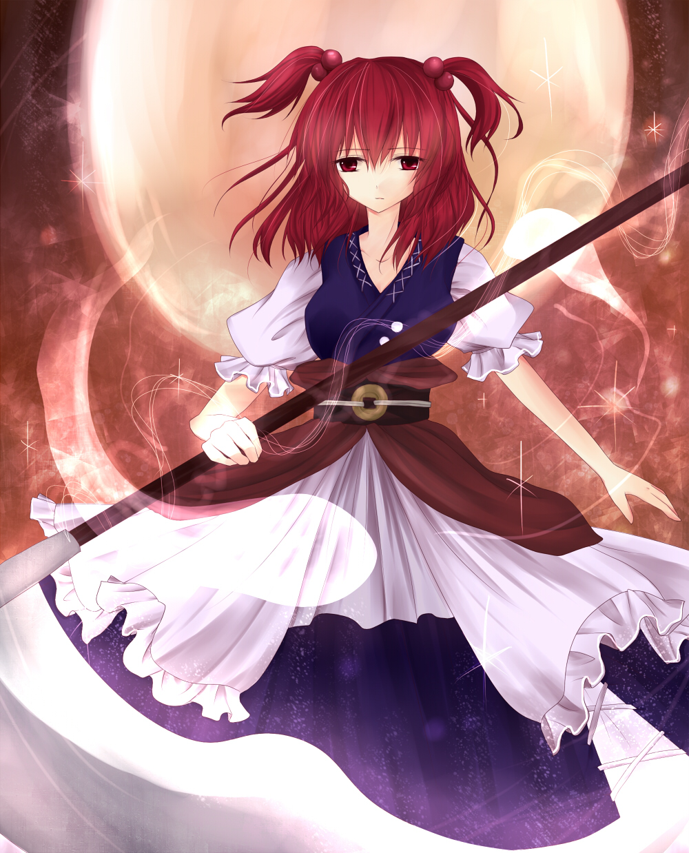 nashonari, onozuka komachi, touhou, artist request, bad id, bad pixiv id, highres, 1girl, female focus, hair bobbles, hair ornament, red eyes, red hair, scythe, solo, twintails, two side up
