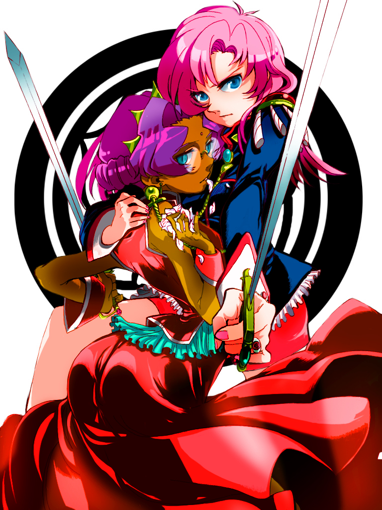 harumachi (hi-sugar), himemiya anthy, tenjou utena, shoujo kakumei utena, 1990s (style), 2girls, aiguillette, blue eyes, dark-skinned female, dark skin, dress, epaulettes, flower, glasses, green eyes, jewelry, long hair, multiple girls, pink hair, purple hair, ring, rose, sword, weapon