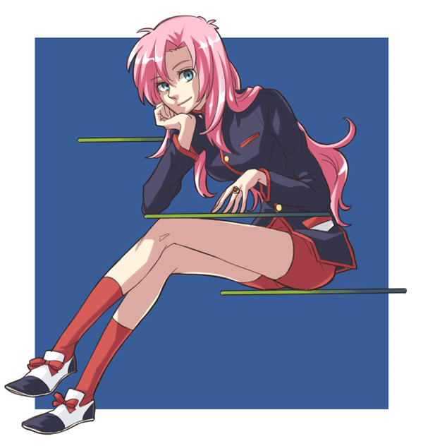 emi (10-rankai), tenjou utena, shoujo kakumei utena, uniform, 1990s (style), 1girl, bike shorts, blue eyes, bow, epaulettes, female focus, head rest, jewelry, legs, long hair, pink hair, retro artstyle, ring, sitting, smile, solo