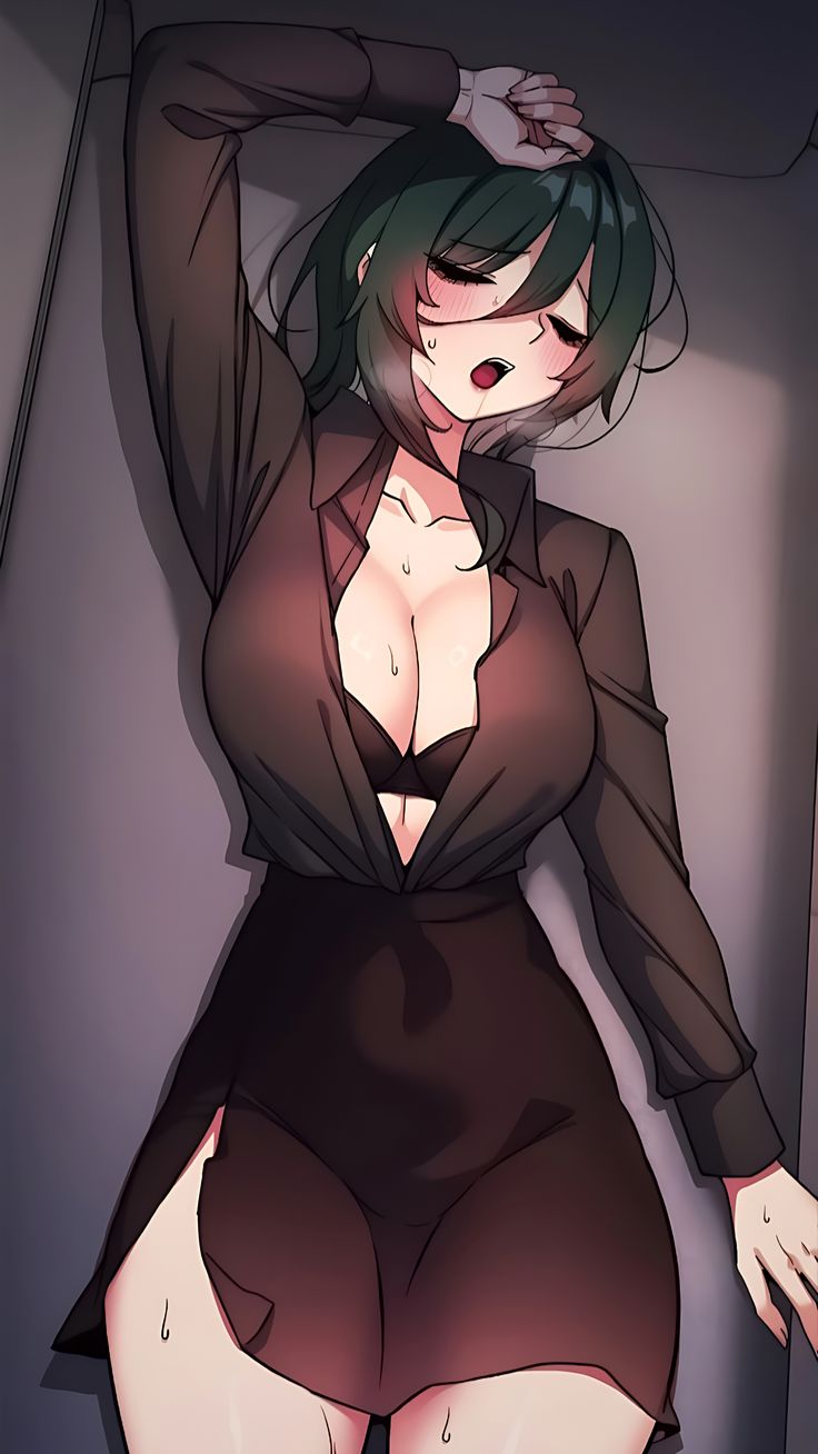 someone stop her, highres, non-web source, 1girl, black bra, blush, bra, breasts, cleavage, eyelashes, green hair, hair between eyes, hand on own head, large breasts, long sleeves, open clothes, open mouth, resting, simple background, sweat, thick thighs, thighs, tongue, underwear, yoonda cha (someoen stop her!)