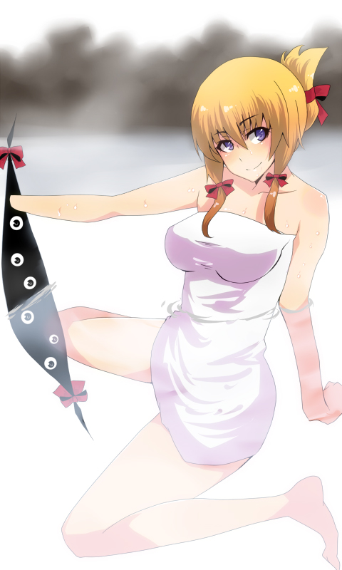 jont, yakumo yukari, touhou, bad id, bad pixiv id, 1girl, barefoot, blonde hair, breasts, female focus, gap (touhou), impossible towel, naked towel, purple eyes, short hair, smile, solo, towel
