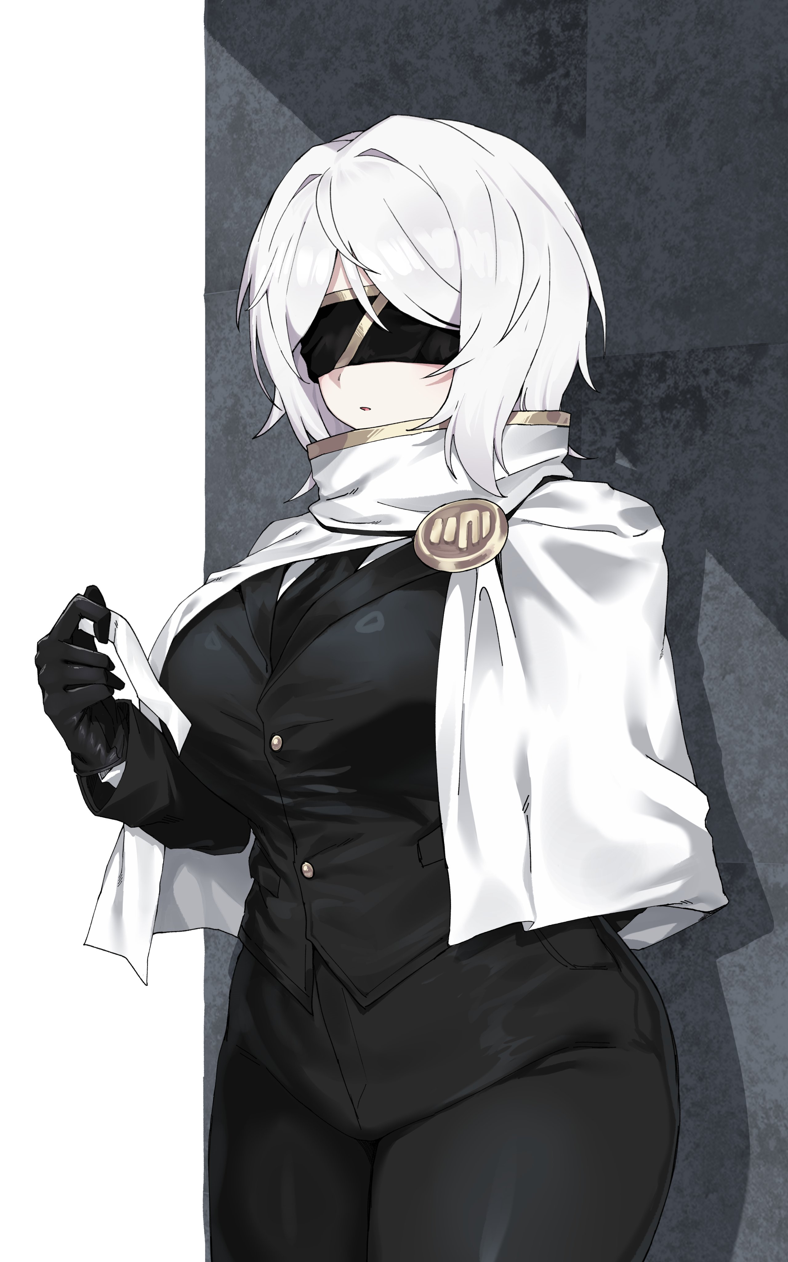 hahyaha, faust (project moon), limbus company, project moon, absurdres, commentary, highres, symbol-only commentary, 1girl, black gloves, black necktie, black pants, black suit, blindfold, breasts, buttons, capelet, formal clothes, gloves, holding, index (identity) (project moon), large breasts, medium hair, necktie, open mouth, pants, solo, standing, suit, white capelet, white hair