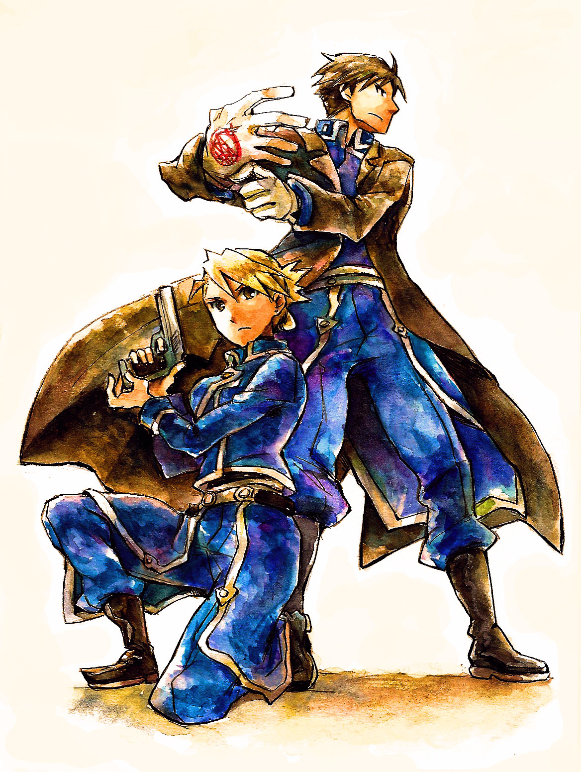 shinoasa, riza hawkeye, roy mustang, fullmetal alchemist, uniform, highres, painting (medium), traditional media, watercolor (medium), 00s, coat, gloves, gun, marksman, simple background, weapon