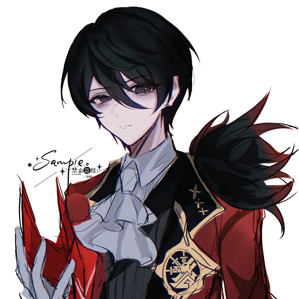 azhe kanata, vincent vollachia, re:zero kara hajimeru isekai seikatsu, hashtag-only commentary, 1boy, ascot, black eyes, black hair, black vest, brown eyes, closed mouth, coat, collared shirt, fur trim, gloves, hair between eyes, holding, holding mask, jacket, lapels, long sleeves, looking at viewer, male focus, mask, red coat, red jacket, shirt, short hair, simple background, solo, unworn mask, upper body, vest, white ascot, white background, white gloves, white shirt