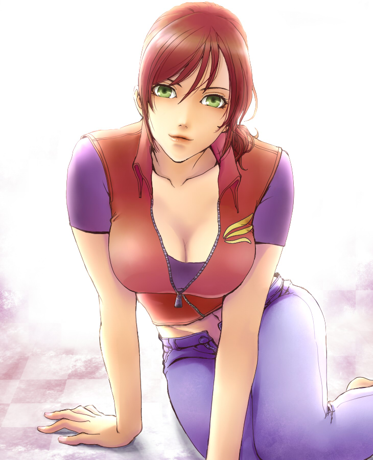 olino, claire redfield, capcom, resident evil, resident evil 2, 1girl, breasts, cleavage, female focus, green eyes, jacket, long hair, pants, ponytail, red hair, sitting, solo, white background