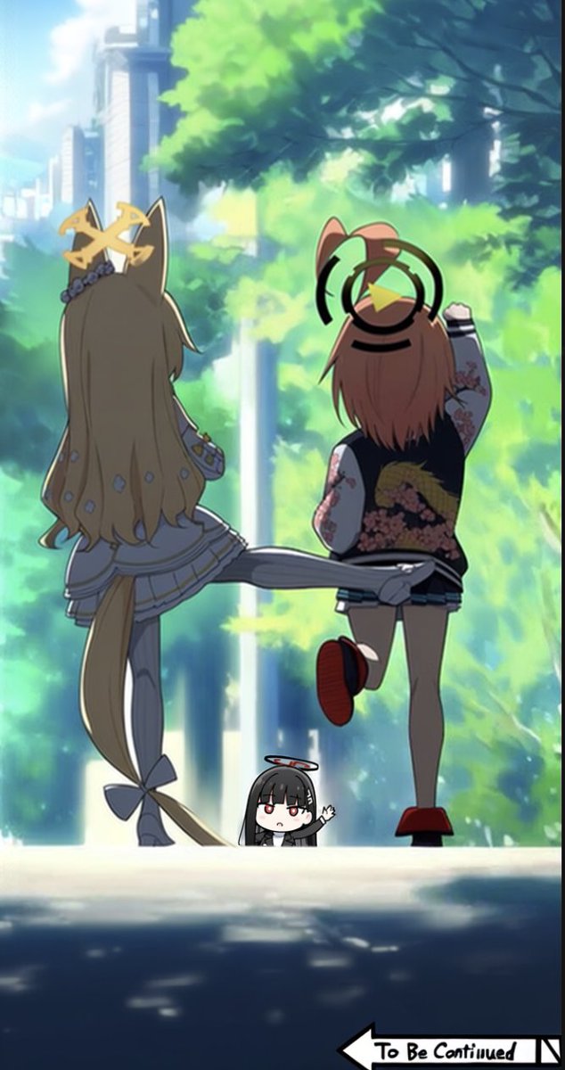 neru (blue archive), rio (blue archive), seia (blue archive), blue archive, 3girls, ahoge, animal ears, arm up, black hair, black skirt, blonde hair, blunt bangs, bow, chisato and takina kicking each other's butt (meme), dress, ear ornament, flower, fox ears, fox tail, from behind, hair flower, hair ornament, halo, high heels, huge ahoge, jacket, kicking, long hair, meme, multiple girls, orange hair, outdoors, pantyhose, ponconyan, red eyes, red shoes, shoes, short hair, skirt, standing, standing on own leg, sukajan, tail, tail bow, tail ornament, to be continued, waving, white bow, white dress, white pantyhose, white shoes