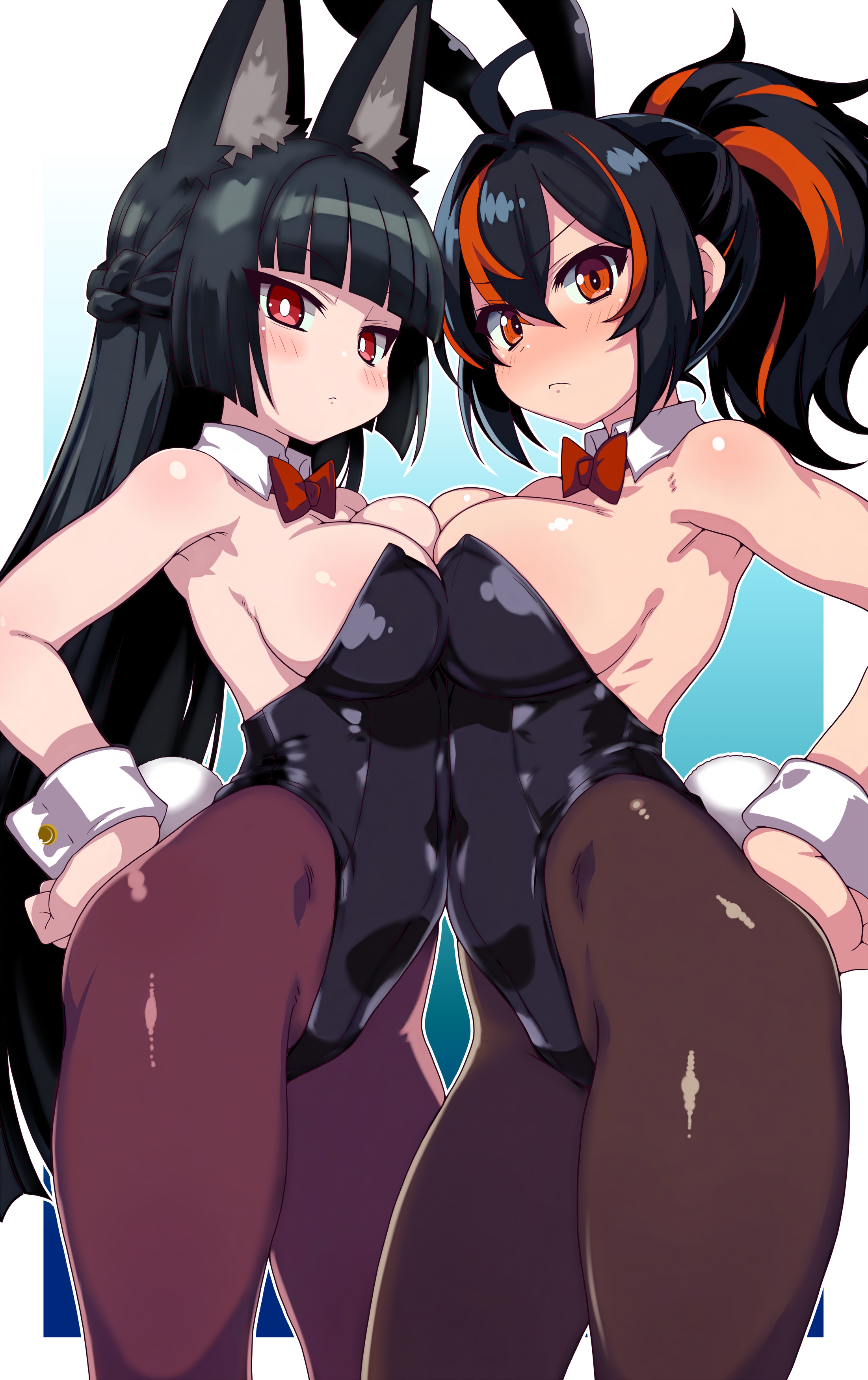 uzuki tenchan, hoshimi miyabi, zhu yuan, zenless zone zero, 2girls, ahoge, animal ear fluff, animal ears, asymmetrical docking, bare shoulders, black hair, black leotard, blue background, blunt bangs, blunt sidelocks, blush, bowtie, braid, breast press, breasts, bright pupils, brown pantyhose, closed mouth, collar, contrapposto, cowboy shot, detached collar, embarrassed, fake animal ears, fake tail, fox ears, from side, gradient background, hair between eyes, hair intakes, half up braid, hand on own ass, high ponytail, large breasts, leotard, long hair, looking at viewer, looking to the side, multicolored hair, multiple girls, orange eyes, orange streaks, pantyhose, playboy bunny, ponytail, rabbit ears, rabbit tail, red bow, red bowtie, red eyes, sidelocks, standing, straight hair, strapless, strapless leotard, streaked hair, tail, thighs, v-shaped eyebrows, very long hair, white collar, white pupils, white wrist cuffs, wrist cuffs