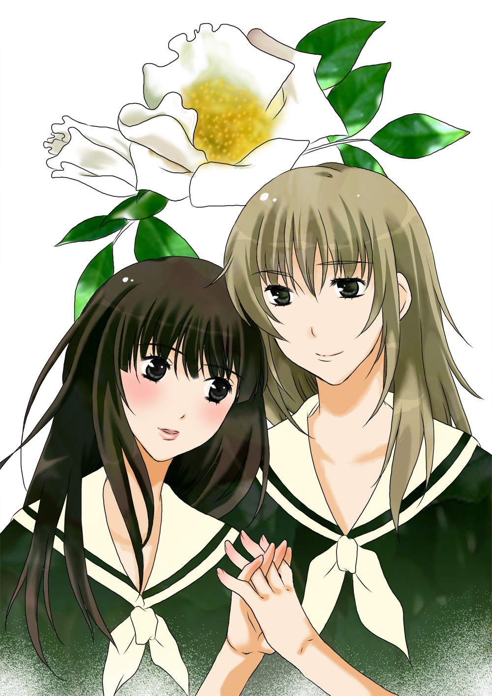 natin, kubo shiori, satou sei, maria-sama ga miteru, highres, 00s, 2girls, flower, holding hands, long hair, multiple girls, rose, white rose, yuri