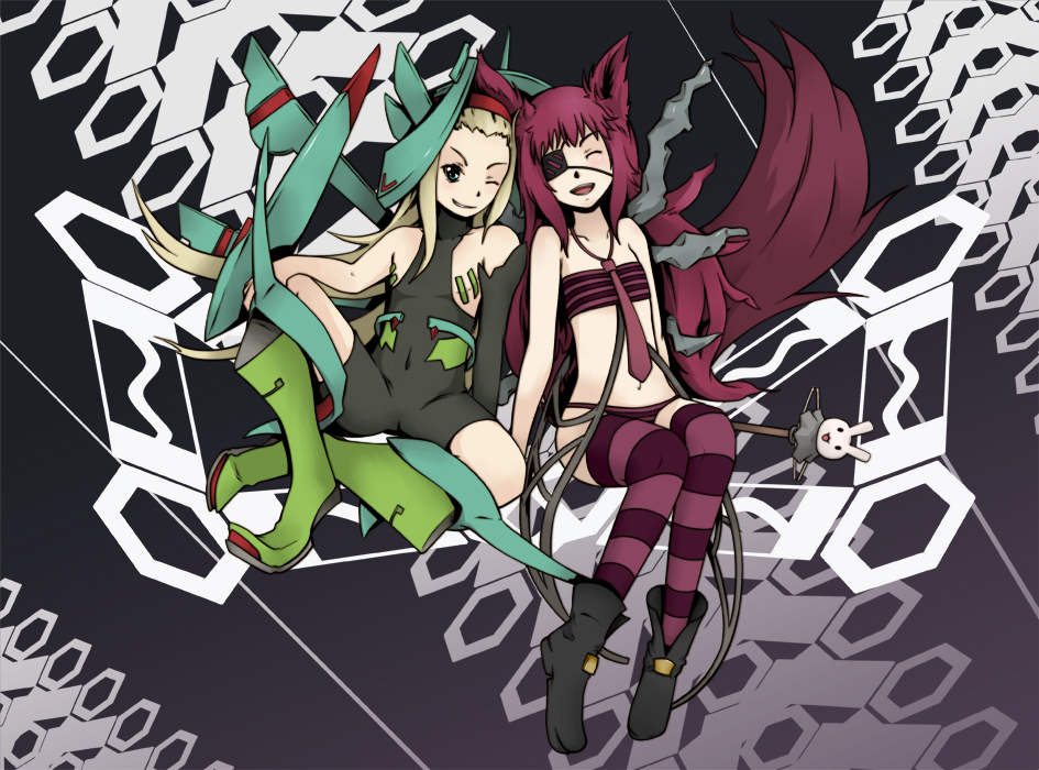 gokashi, arc (ar tonelico iii), momoko (ar tonelico iii), ar tonelico, ar tonelico iii, gust, striped legwear, 2girls, animal ears, armor, bandeau, blonde hair, blue eyes, bodysuit, boots, closed eyes, eyepatch, flat chest, hair ornament, long hair, multiple girls, necktie, one eye closed, panties, pink hair, purple thighhighs, rabbit, smile, strapless, striped clothes, striped panties, striped thighhighs, tail, thighhighs, tube top, underwear, wand, wink