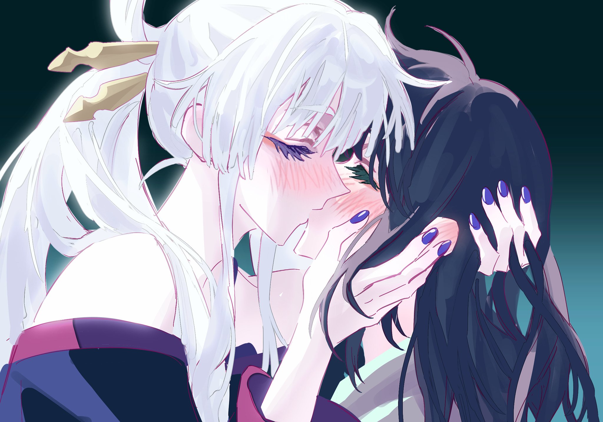 molen106, runami yachiyo, sakayori iroha, hashtag-only commentary, highres, 2girls, bare shoulders, blush, cho kaguya-hime!, closed eyes, hair ornament, hair rings, hair stick, hands on another's face, hands on another's head, japanese clothes, kimono, kiss, long hair, long sleeves, multiple girls, purple hair, purple nails, white hair, yuri