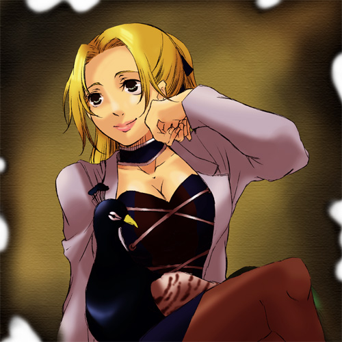 k2t2, margarete gertrude zelle, shadow hearts, lowres, 1girl, bird, black eyes, blonde hair, choker, coat, female focus, gradient background, long hair, pantyhose, sitting, solo, trench coat