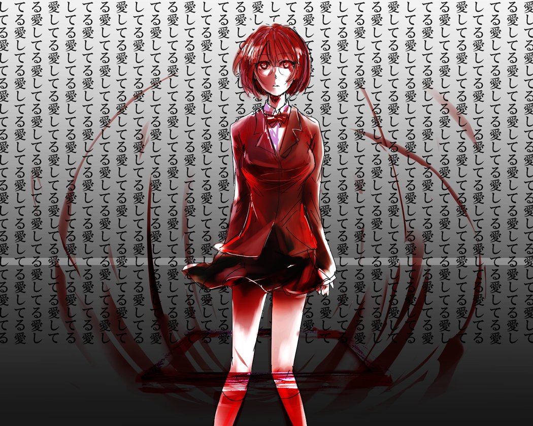 zassounabe, sonohara anri, durarara!!, bad id, bad pixiv id, 1girl, blood, bob cut, breasts, female focus, glasses, large breasts, monochrome, school uniform, short hair, solo