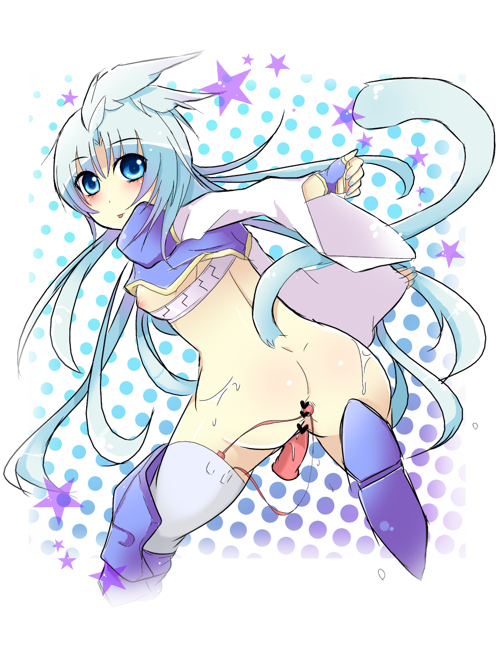 masamune (sky2943), kuja, final fantasy, final fantasy ix, gender request, highres, 00s, 1girl, ass, blue eyes, blue hair, bottomless, breasts, censored, female focus, fingerless gloves, flapper shirt, genderswap, genderswap (mtf), gloves, long hair, looking back, matching hair/eyes, nipples, object insertion, sex toy, shirt, small breasts, solo, tail, thighhighs, vaginal, vibrator