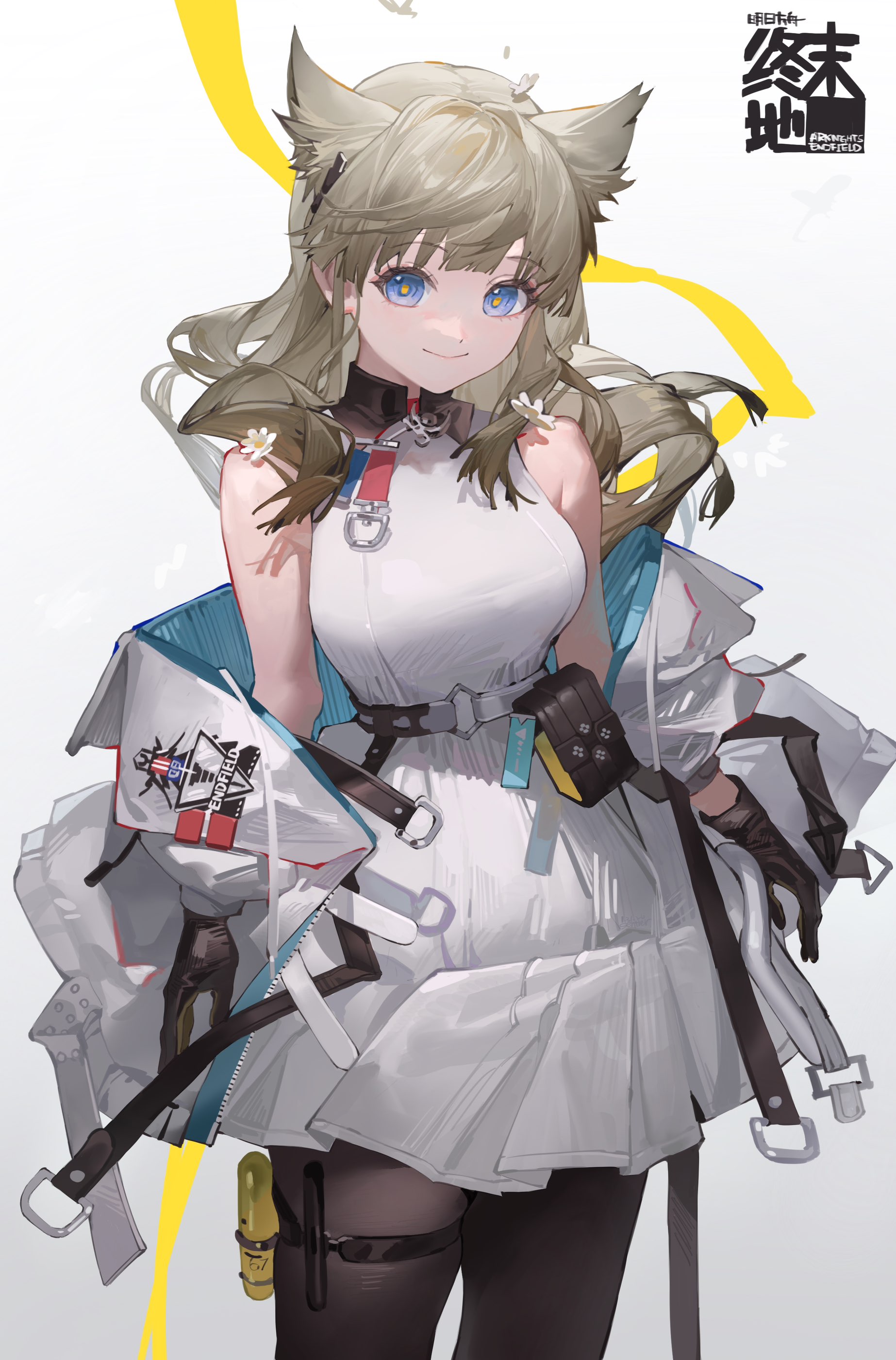 sentter, perlica (arknights), arknights, arknights: endfield, absurdres, commentary request, highres, 1girl, animal ears, bare shoulders, bird ears, bird girl, black gloves, black pantyhose, blue eyes, coat, dress, gloves, grey hair, logo, long hair, looking at viewer, off shoulder, open clothes, open coat, pantyhose, simple background, sleeveless, sleeveless dress, solo, thigh strap, white background, white coat, white dress