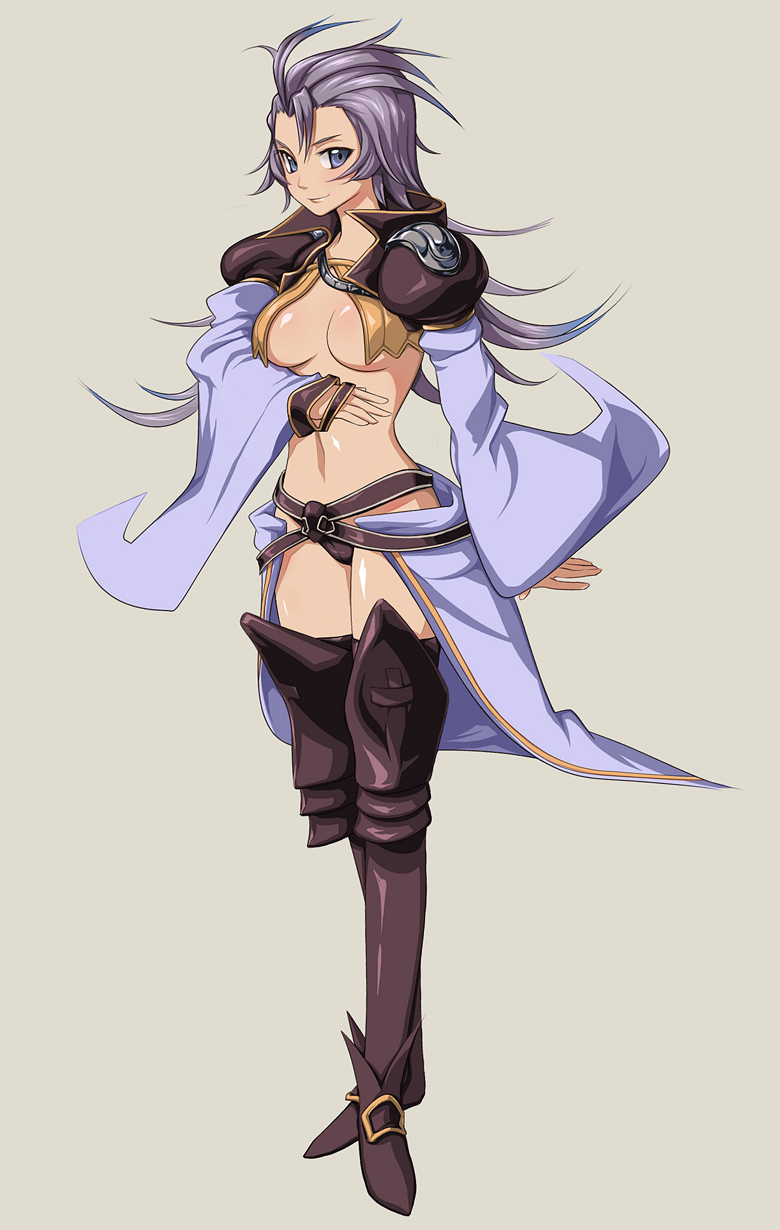 ultra, kuja, final fantasy, final fantasy ix, gender request, highres, 00s, 1girl, blush, body blush, boots, breasts, cleavage, detached sleeves, female focus, flapper shirt, full body, genderswap, genderswap (mtf), long hair, purple eyes, purple hair, shirt, simple background, solo, thighhighs
