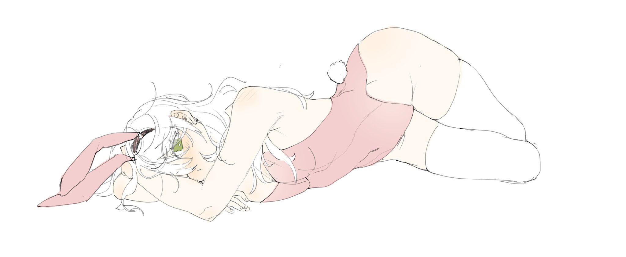 unholymilk, original, highres, 1girl, animal ear hairband, animal ears, bare shoulders, blush, breasts, covered navel, cowboy shot, fake animal ears, green eyes, hair between eyes, hairband, leotard, long hair, looking at viewer, lying, on side, one eye closed, pink hairband, pink leotard, rabbit ear hairband, rabbit ears, rabbit tail, simple background, small breasts, solo, tail, thighhighs, white background, white hair, white tail, white thighhighs
