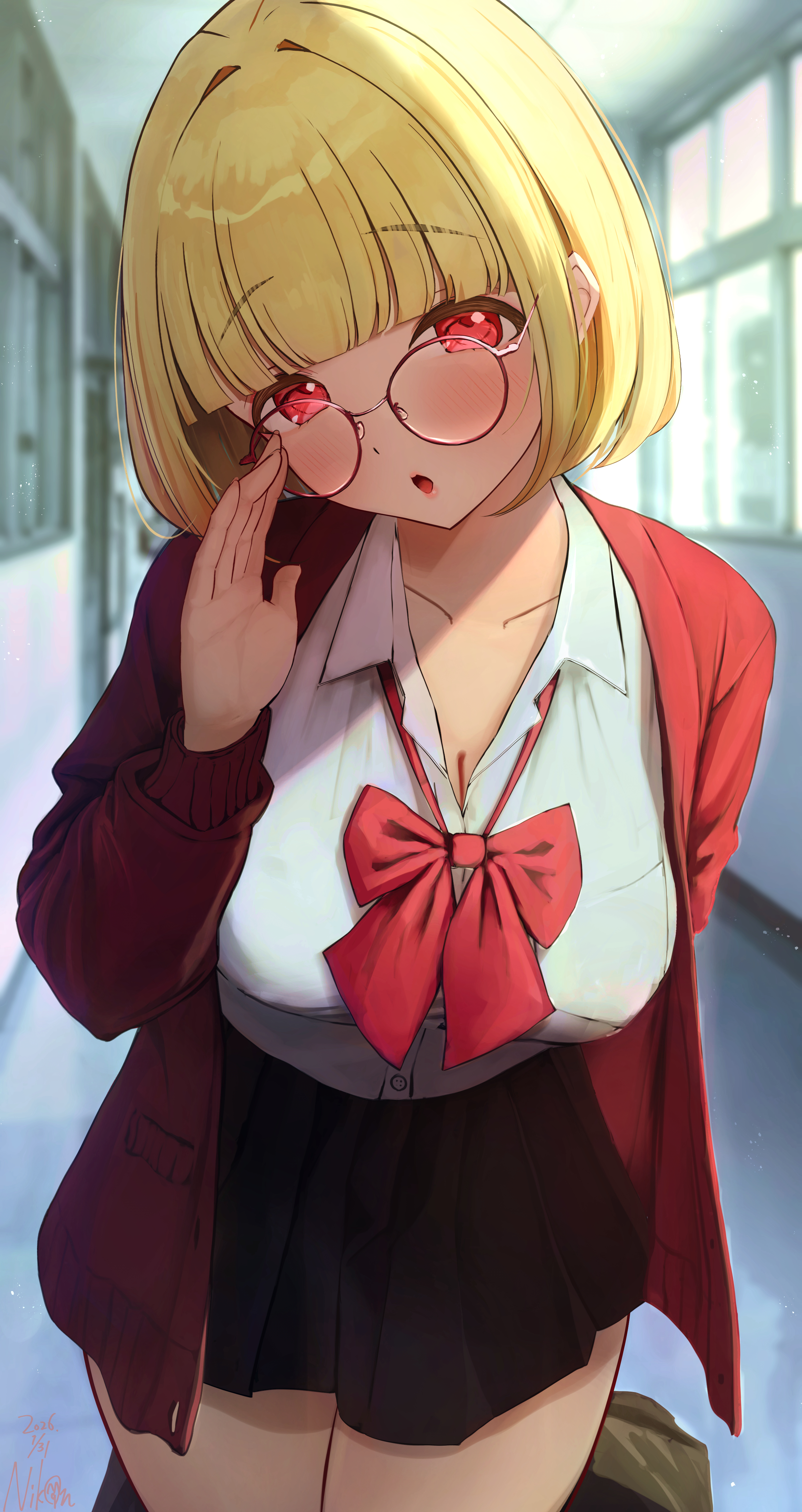naikon, kogara toto, vspo!, absurdres, commentary request, highres, 1girl, :o, artist name, bespectacled, black skirt, blonde hair, blurry, blurry background, blush, bow, bowtie, breasts, cardigan, cleavage, collarbone, collared shirt, cowboy shot, dated, dress shirt, glasses, hallway, hand to own mouth, large breasts, looking at viewer, medium hair, miniskirt, open cardigan, open clothes, pleated skirt, red-framed eyewear, red bow, red bowtie, red cardigan, red eyes, round eyewear, school uniform, shirt, skirt, solo, virtual youtuber, white shirt