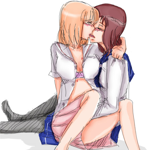 saku (amespi), fukuji mihoko, takei hisa, saki (manga), 2girls, blonde hair, blush, brown hair, fingering, multiple girls, open clothes, open shirt, pantyhose, school uniform, serafuku, shirt, skirt, yuri