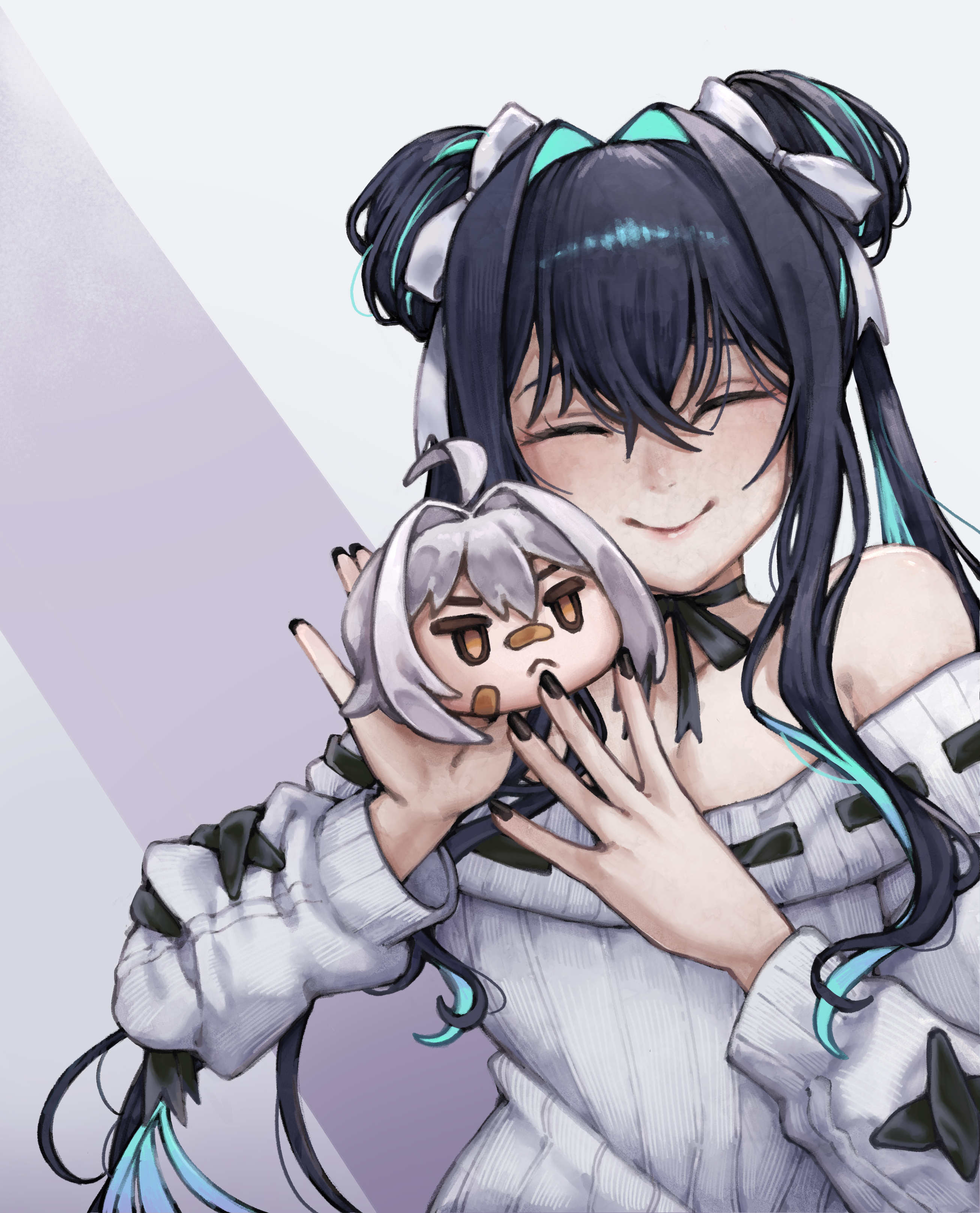 shankkei, little mermaid (beautiful bubble) (nikke), little mermaid (nikke), mori (nikke), goddess of victory: nikke, absurdres, commentary request, highres, 1girl, aqua hair, aqua streaks, black hair, black nails, character doll, closed eyes, colored inner hair, doll, double bun, dress, grey sweater, hair bun, hair intakes, hair ribbon, long hair, multicolored hair, nail polish, off-shoulder sweater, off shoulder, official alternate design, official alternate hairstyle, ribbed dress, ribbon, ribbon-trimmed sweater, smile, solo, sweater, sweater dress, upper body