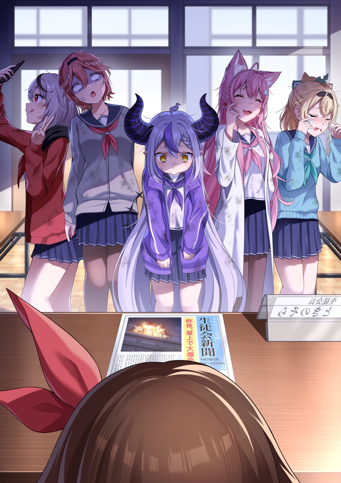 setsuna (l9in1cszw3f6qsq), hakui koyori, kazama iroha, la+ darknesss, sakamata chloe, takane lui, tokino sora, hololive, commentary request, highres, 6+girls, @ @, ahoge, animal ear fluff, animal ears, blazer, blonde hair, blush, braid, brown hair, crying, demon girl, demon horns, desk, dirty, dirty clothes, embarrassed, explosion, grey hair, hair between eyes, hair ornament, hair ribbon, hairband, head wings, horns, indoors, jacket, long hair, long sleeves, looking at viewer, multicolored hair, multiple girls, neckerchief, newspaper, open mouth, pink hair, pleated skirt, pointy ears, purple hair, ribbon, sailor collar, school uniform, selfie, serafuku, short hair, skirt, streaked hair, striped horns, tears, very long hair, virtual youtuber, wings, wolf ears, wolf girl, yellow eyes