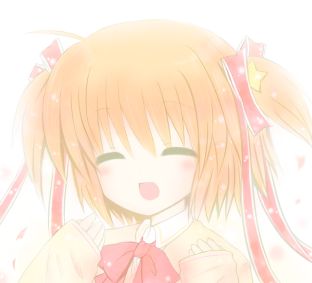 yuuki (momoyuki), kamikita komari, little busters!, 1girl, closed eyes, female focus, gradient background, open mouth, orange hair, pale color, school uniform, short hair, solo, twintails, two side up, white background