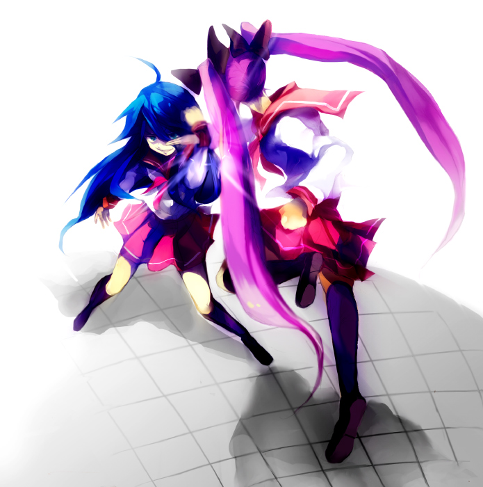 toriko (hatoriko), hiiragi kagami, izumi konata, lucky star, 00s, 2girls, battle, blue hair, green eyes, hair ribbon, long hair, multiple girls, ribbon, school uniform, serafuku, twintails