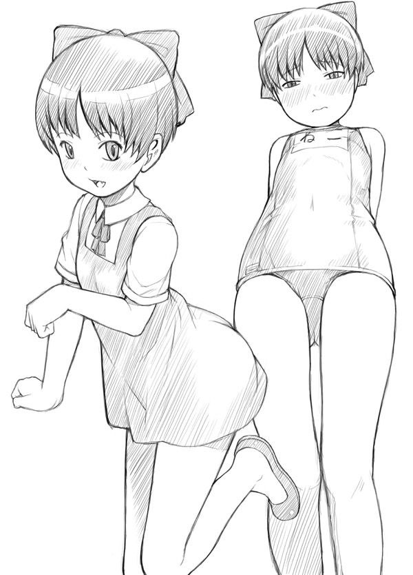 sakurafubuki nel, nekomusume, gegege no kitarou, toei company, 1girl, blush, bow, female focus, flat chest, greyscale, hair bow, loli, monochrome, one-piece swimsuit, paw pose, short hair, sketch, solo, swimsuit