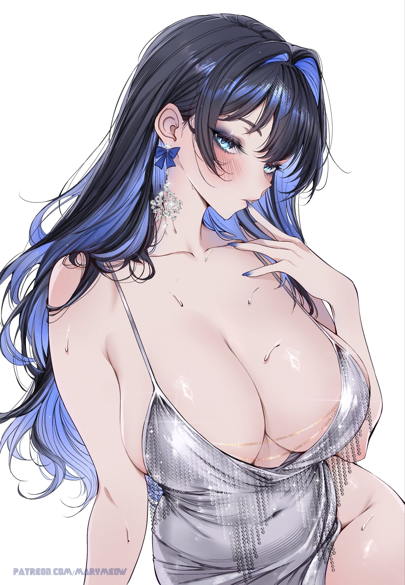 maria (marymeow), ouro kronii, hololive, hololive english, commentary, english commentary, highres, 1girl, black hair, blue eyes, blue hair, blue nails, blush, breasts, colored inner hair, covered navel, curvy, dress, earrings, glitter dress, grey dress, hair intakes, jewelry, large breasts, long hair, multicolored hair, nail polish, ribbon earrings, simple background, sleeveless, sleeveless dress, solo, spaghetti strap, sweat, thick thighs, thighs, virtual youtuber, white background, wide hips