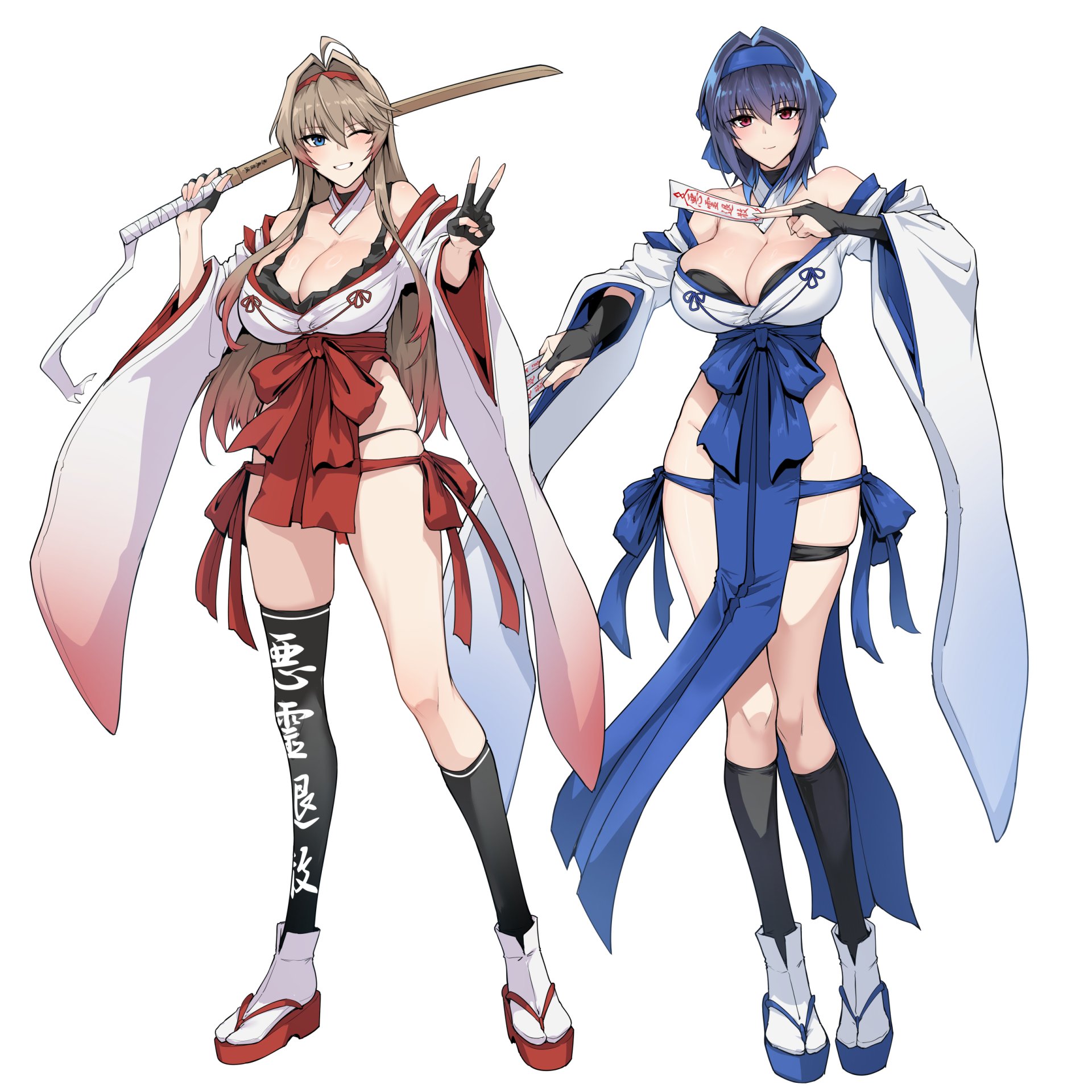 halcon, original, commentary request, highres, 2girls, between breasts, black gloves, black socks, black thighhighs, blue bow, blue eyes, blue hair, blue headband, bow, breasts, brown hair, cleavage, fingerless gloves, full body, gloves, hair bow, hair intakes, headband, holding, holding sword, holding weapon, karin (halcon), kasumi (halcon), katana, kneehighs, large breasts, long sleeves, looking at viewer, multiple girls, nontraditional miko, okobo, platform sandals, purple eyes, red headband, sandals, single thighhigh, socks, standing, sword, talisman, thighhighs, weapon, wide sleeves