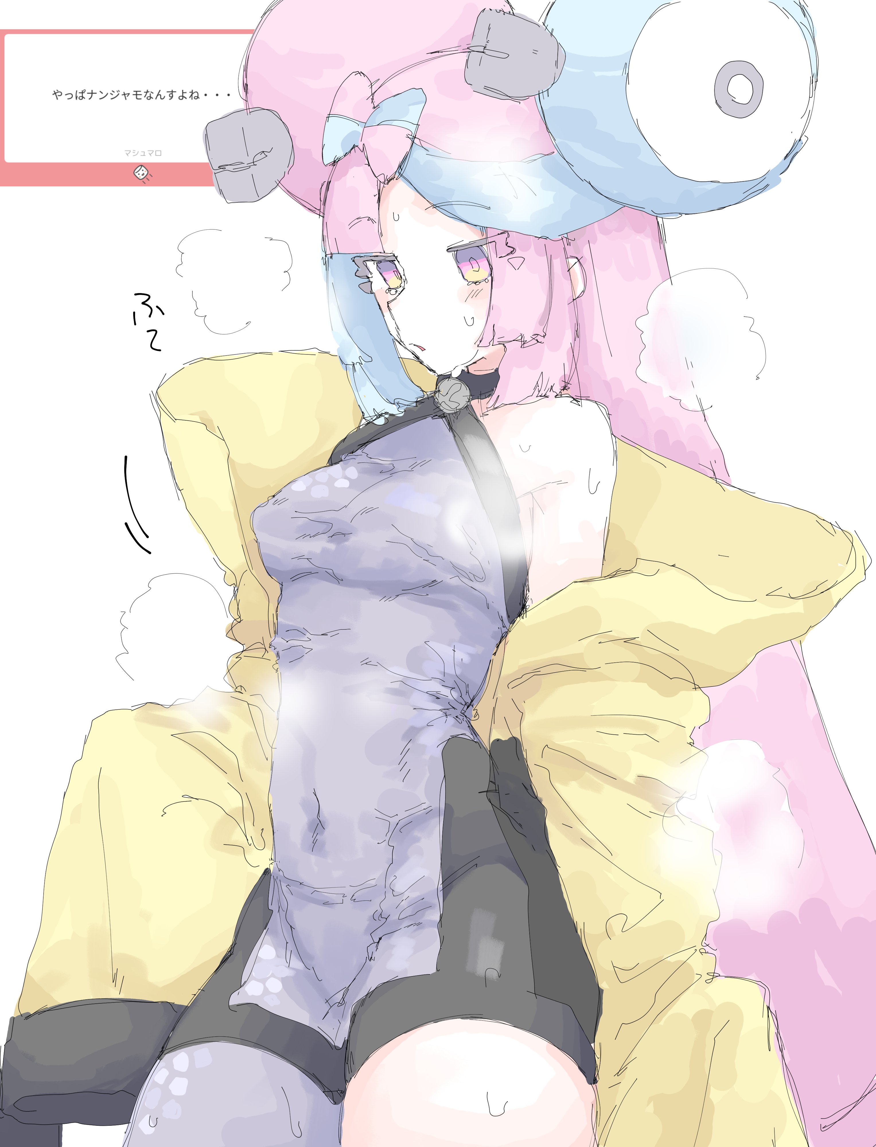 mocamocaink, iono (pokemon), magnemite, nintendo, pokemon, pokemon sv, absurdres, commentary request, highres, 1girl, bare shoulders, blue hair, blush, bow-shaped hair, breasts, character hair ornament, criss-cross halter, fake hair bun, gen 1 pokemon, grey pantyhose, hair ornament, half-closed eyes, halter shirt, halterneck, hexagon print, jacket, jacket partially removed, long hair, medium breasts, multicolored hair, pantyhose, pantyhose under shorts, shorts, single leg pantyhose, sleeves past fingers, sleeves past wrists, solo, split-color hair, steaming body, sweat, x (symbol), yellow jacket