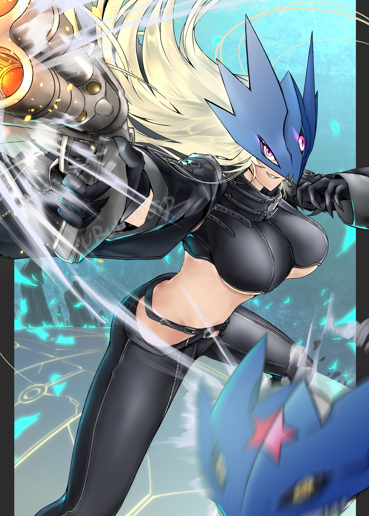 jiyuuya, beelstarmon, digimon, commentary request, highres, 1girl, black coat, black pants, black vest, breasts, coat, cowboy shot, cropped vest, digimon (creature), finger on trigger, glowing, glowing eyes, holding, holding coat, holding unworn clothes, large breasts, pants, purple eyes, slit pupils, smirk, solo, third eye, underboob, unworn coat, vest