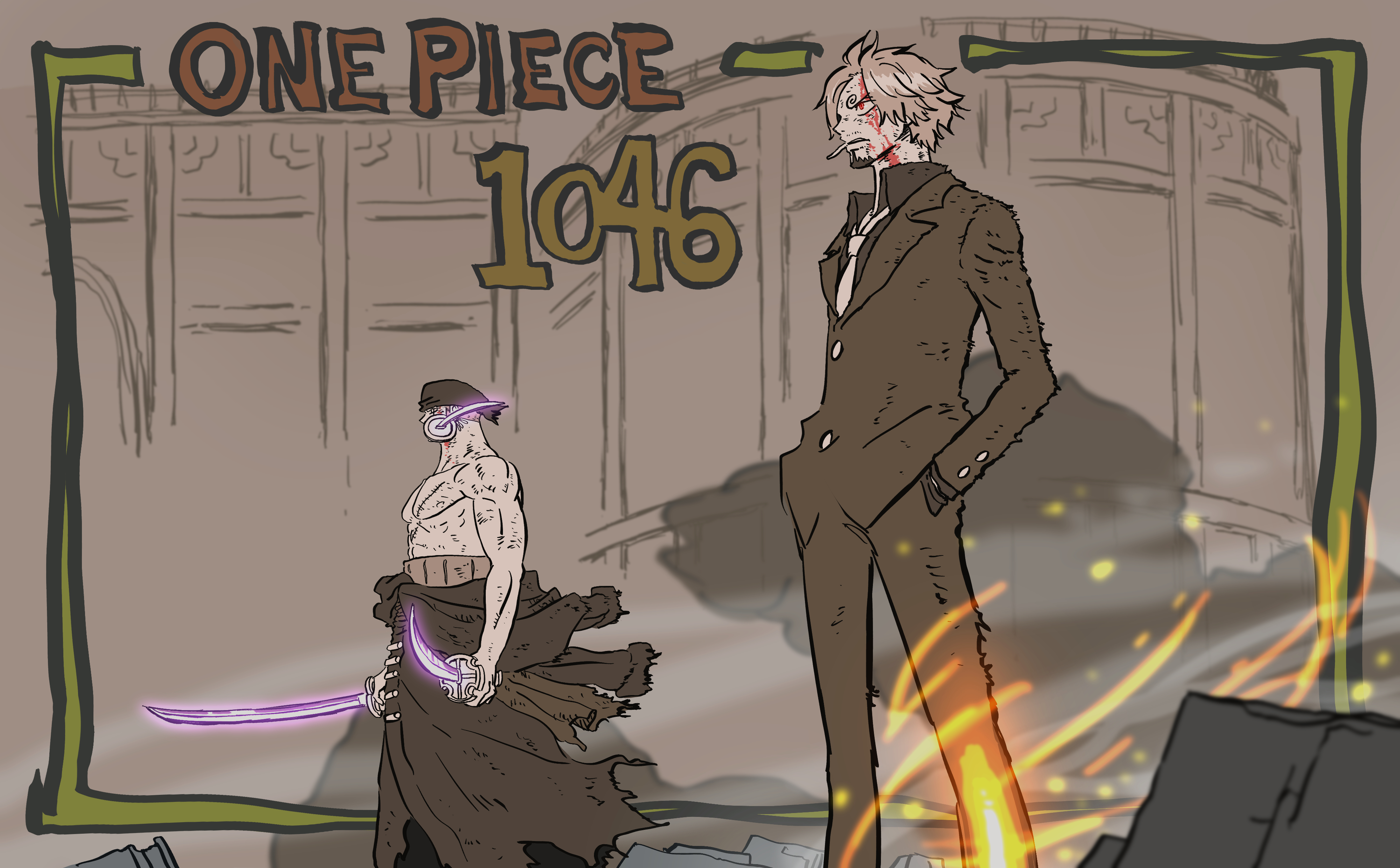 katsumi ishizuka, roronoa zoro, sanji (one piece), one piece, absurdres, commentary request, highres, 2boys, blonde hair, collared shirt, copyright name, curly eyebrows, facial hair, formal clothes, goatee, hands in pockets, haramaki, holding, holding sword, holding weapon, japanese clothes, kimono, male focus, multiple boys, mustache, shirt, suit, sword, topless male, weapon, weapon in mouth