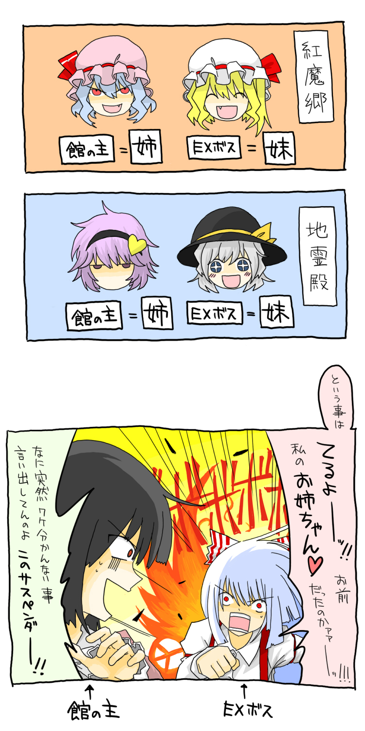 kenmohororo, flandre scarlet, fujiwara no mokou, houraisan kaguya, komeiji koishi, komeiji satori, remilia scarlet, touhou, bad id, bad pixiv id, highres, translated, + +, 3koma, 6+girls, :d, ^ ^, blonde hair, chibi, closed eyes, comic, constricted pupils, fang, female focus, fire, hat, heart, long hair, multiple girls, open mouth, parody, peace symbol, purple hair, running, short hair, smile, truth, turn pale