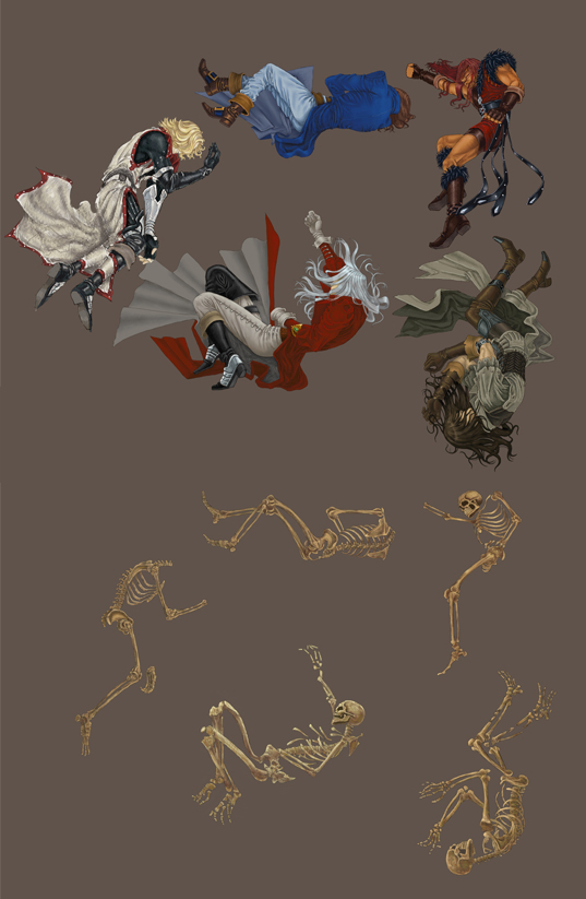 pyderek, juste belmont, leon belmont, ralph c belmont, richter belmont, simon belmont, castlevania: harmony of dissonance, castlevania: lament of innocence, castlevania: symphony of the night, castlevania (1986), castlevania (series), castlevania chronicles, 5boys, blonde hair, boots, brown hair, coat, family, fingerless gloves, gloves, hair over face, long hair, lying, male focus, multiple boys, pteruges, red hair, simple background, skeleton, white hair