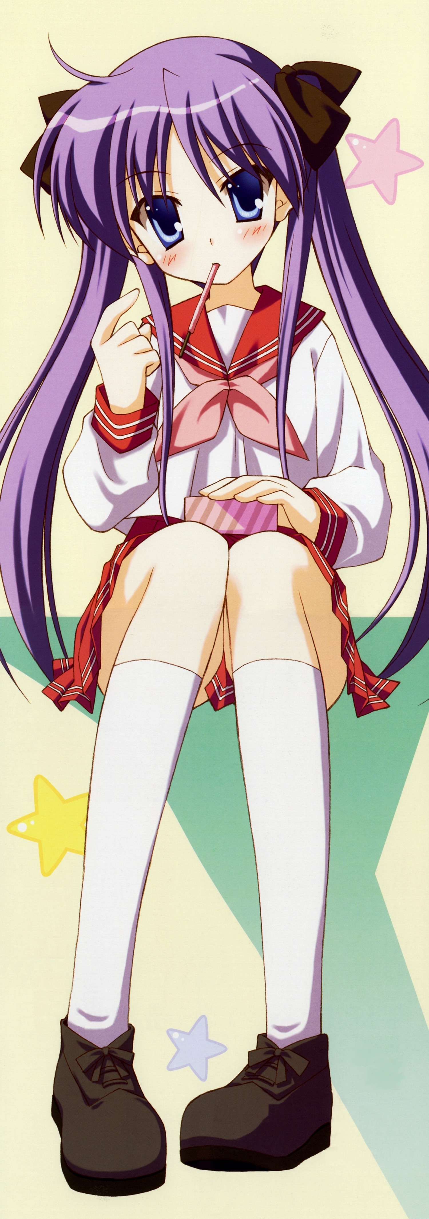 nanao naru, hiiragi kagami, lucky star, absurdres, artist request, highres, long image, tall image, 00s, 1girl, blue eyes, blush, female focus, food, full body, hair ribbon, knees together feet apart, long hair, pocky, purple hair, ribbon, school uniform, serafuku, solo, star (symbol), stick poster, tsurime, twintails