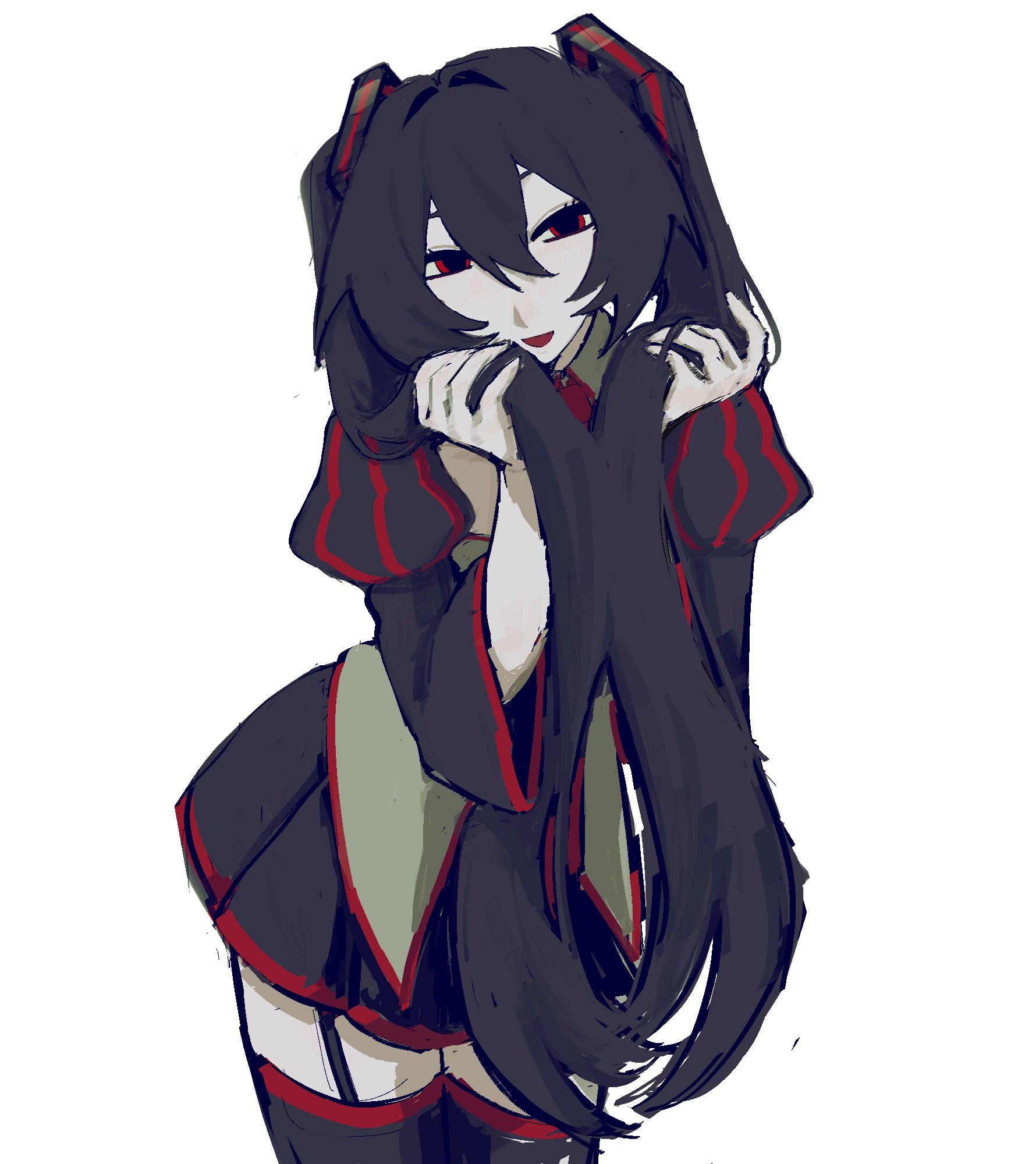 zatsune miku, vocaloid, highres, 1girl, black hair, black skirt, cowboy shot, garter straps, hair between eyes, hair lift, holding, holding own hair, juliet sleeves, laq le, long hair, long sleeves, looking at viewer, open mouth, puffy sleeves, red eyes, simple background, skirt, solo, thighhighs, twintails, very long hair, white background, zettai ryouiki