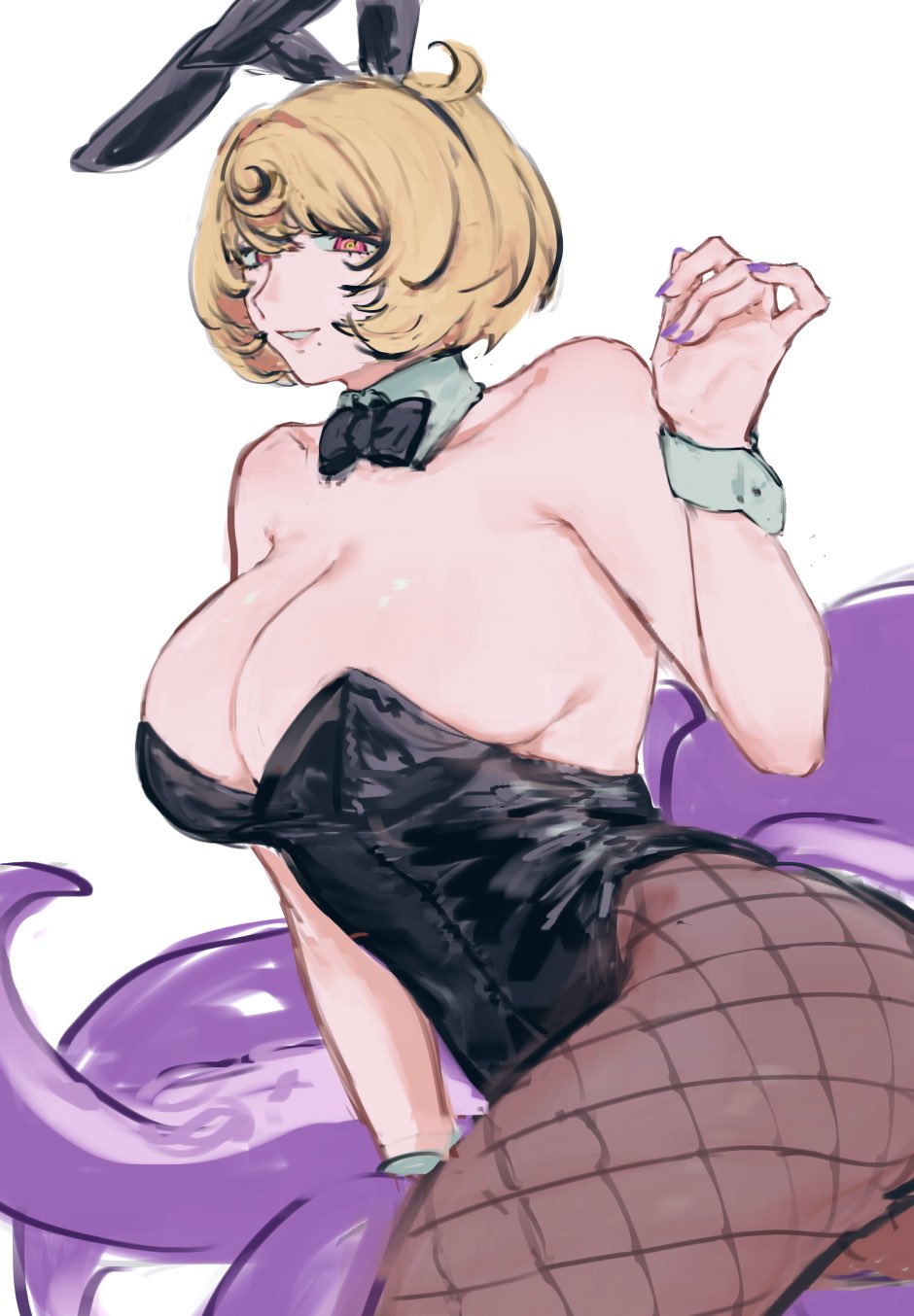 yidhari murphy, zenless zone zero, commentary, highres, 1girl, alternate breast size (larger), animal ear hairband, animal ears, black leotard, blonde hair, bow, bowtie, breasts, cleavage, detached collar, fake animal ears, fishnet pantyhose, fishnets, from side, hairband, hand up, highleg, highleg leotard, huge breasts, laq le, leotard, looking at viewer, mole, mole under mouth, orange hair, pantyhose, playboy bunny, purple nails, rabbit ear hairband, rabbit ears, ringed eyes, short hair, sideboob, skindentation, solo, strapless, strapless leotard, tentacles, white background, white wrist cuffs, wrist cuffs