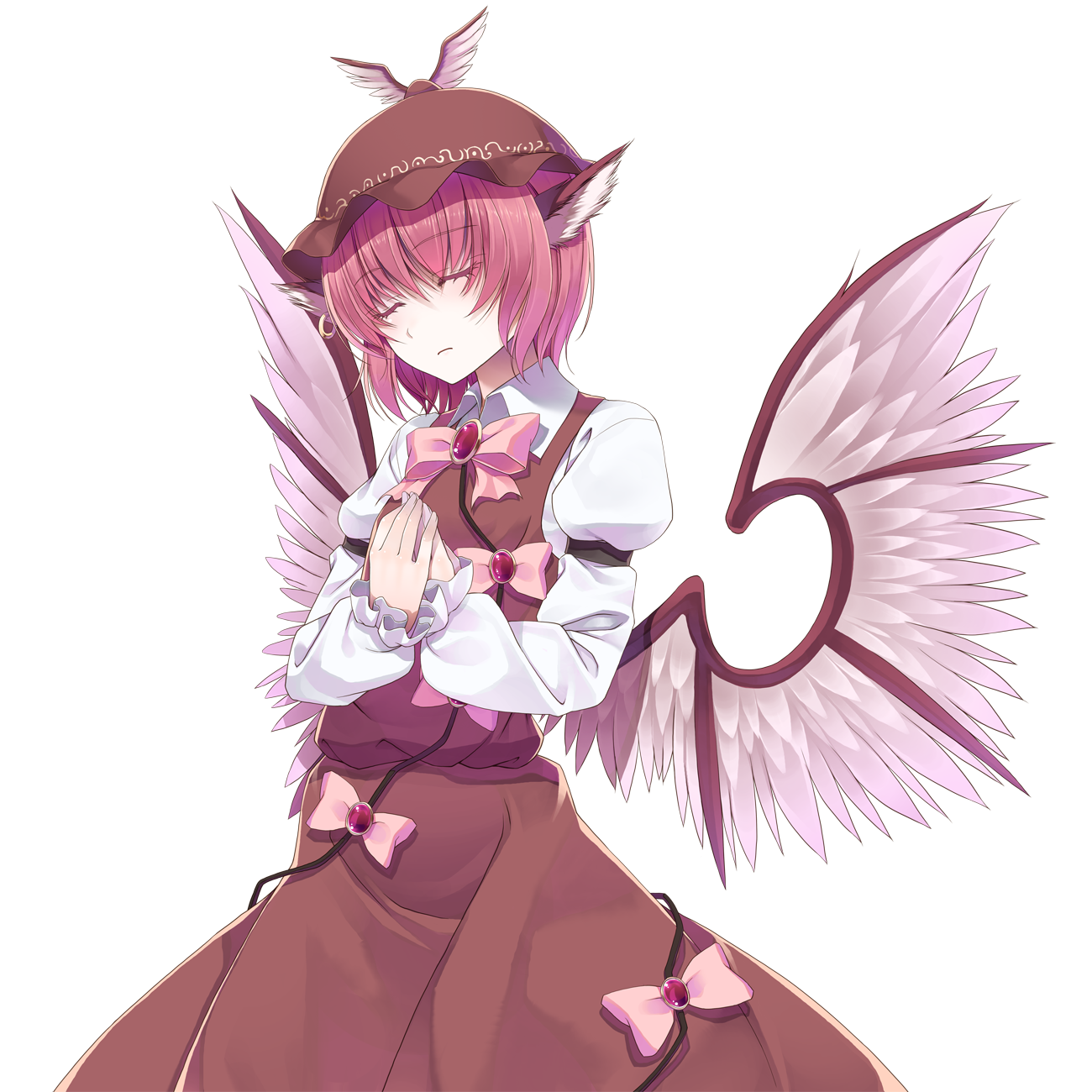 crote, mystia lorelei, touhou, commentary request, highres, large variant set, variant set, 1girl, animal ear piercing, animal ears, bird ears, bird wings, bow, bowtie, brown dress, brown hat, closed eyes, closed mouth, collared shirt, cowboy shot, dress, dress bow, earrings, feathered wings, frilled sleeves, frills, hand on own chest, hands up, hat, jewelry, long dress, long sleeves, mob cap, pinafore dress, pink bow, pink bowtie, pink hair, red eyes, shirt, short hair, single earring, sleeveless, sleeveless dress, solo, standing, tachi-e, transparent background, u u, white shirt, wings