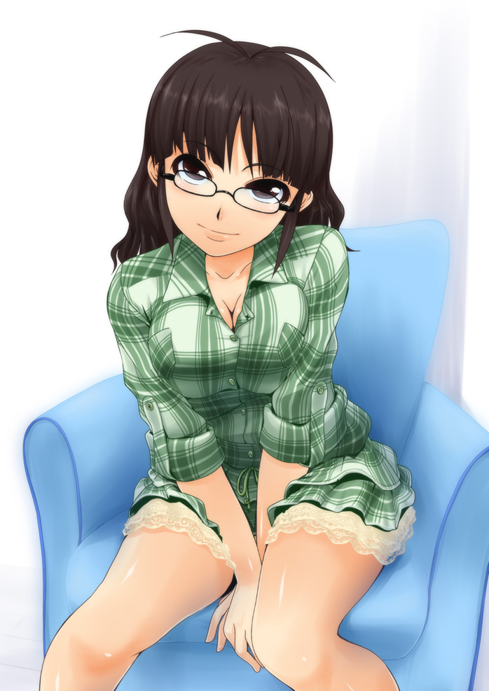 mamezou, akizuki ritsuko, idolmaster, idolmaster (classic), 1girl, alternate hairstyle, antenna hair, between thighs, breasts, breasts squeezed together, brown eyes, brown hair, cleavage, female focus, glasses, large breasts, long hair, no pants, plaid clothes, plaid shirt, shirt, sleeves rolled up, solo, thighs, v arms