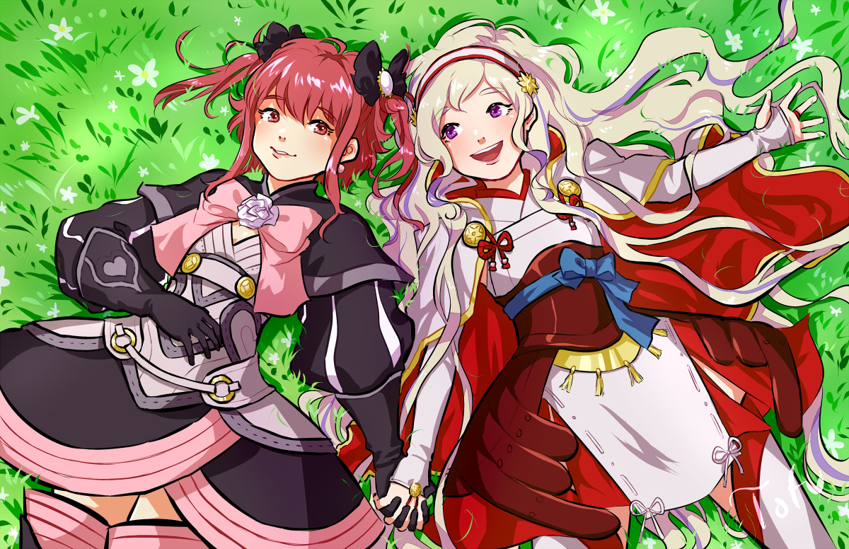 tofucakes, elise (fire emblem), sakura (fire emblem), fire emblem, fire emblem fates, nintendo, commentary, english commentary, 2girls, :d, alternate costume, alternate hairstyle, black dress, blonde hair, bow, cosplay, costume switch, dress, elise (fire emblem) (cosplay), hair bow, hairband, holding hands, japanese clothes, lying, multiple girls, on back, on grass, open mouth, pink eyes, pink hair, purple eyes, sakura (fire emblem) (cosplay), smile, two side up, yuri