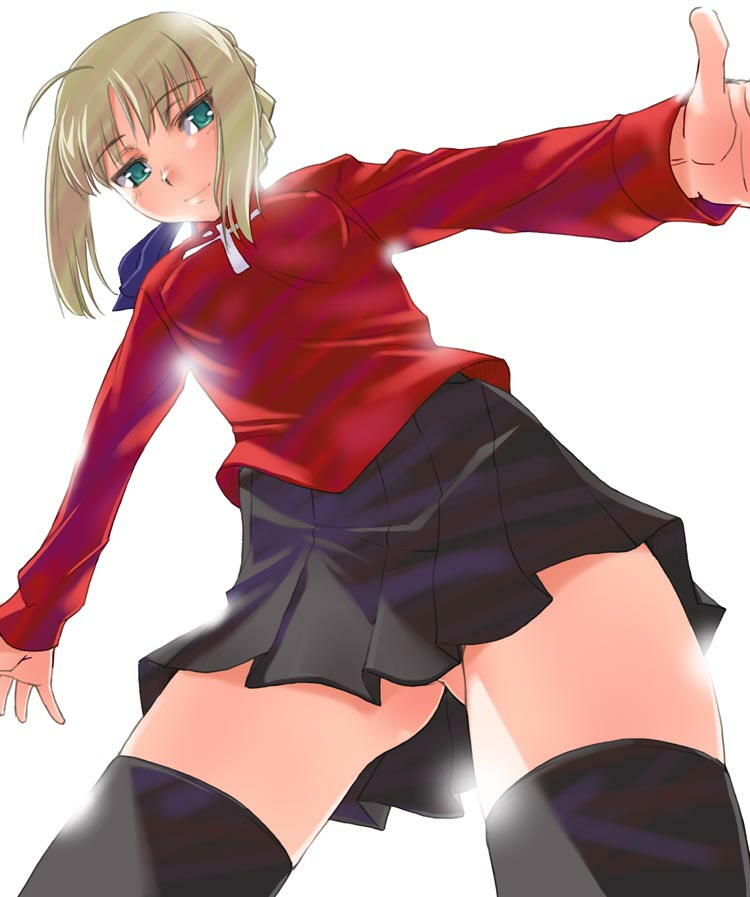 artoria pendragon (fate), saber (fate), tohsaka rin, fate/stay night, fate (series), 1girl, ahoge, black thighhighs, blonde hair, cosplay, female focus, from below, green eyes, solo, thighhighs, tohsaka rin (cosplay), upskirt, zettai ryouiki