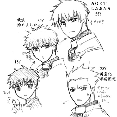 st parasu, archer (fate), emiya shirou, fate/stay night, fate (series), lowres, partially translated, spoilers, translation request, age comparison, age progression, aged up, flowchart, greyscale, monochrome, raglan sleeves