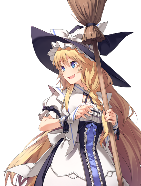 eho (icbm), kirisame marisa, curiosities of lotus asia, touhou, game cg, official art, third-party source, 1girl, back bow, black bow, blonde hair, blue eyes, bow, braid, broom, hat, hat bow, holding, holding broom, labyrinth of touhou (series), labyrinth of touhou 2, long hair, official alternate costume, open mouth, puffy short sleeves, puffy sleeves, short sleeves, side braid, single braid, sleeve bow, smile, solo, transparent background, very long hair, white bow, witch hat
