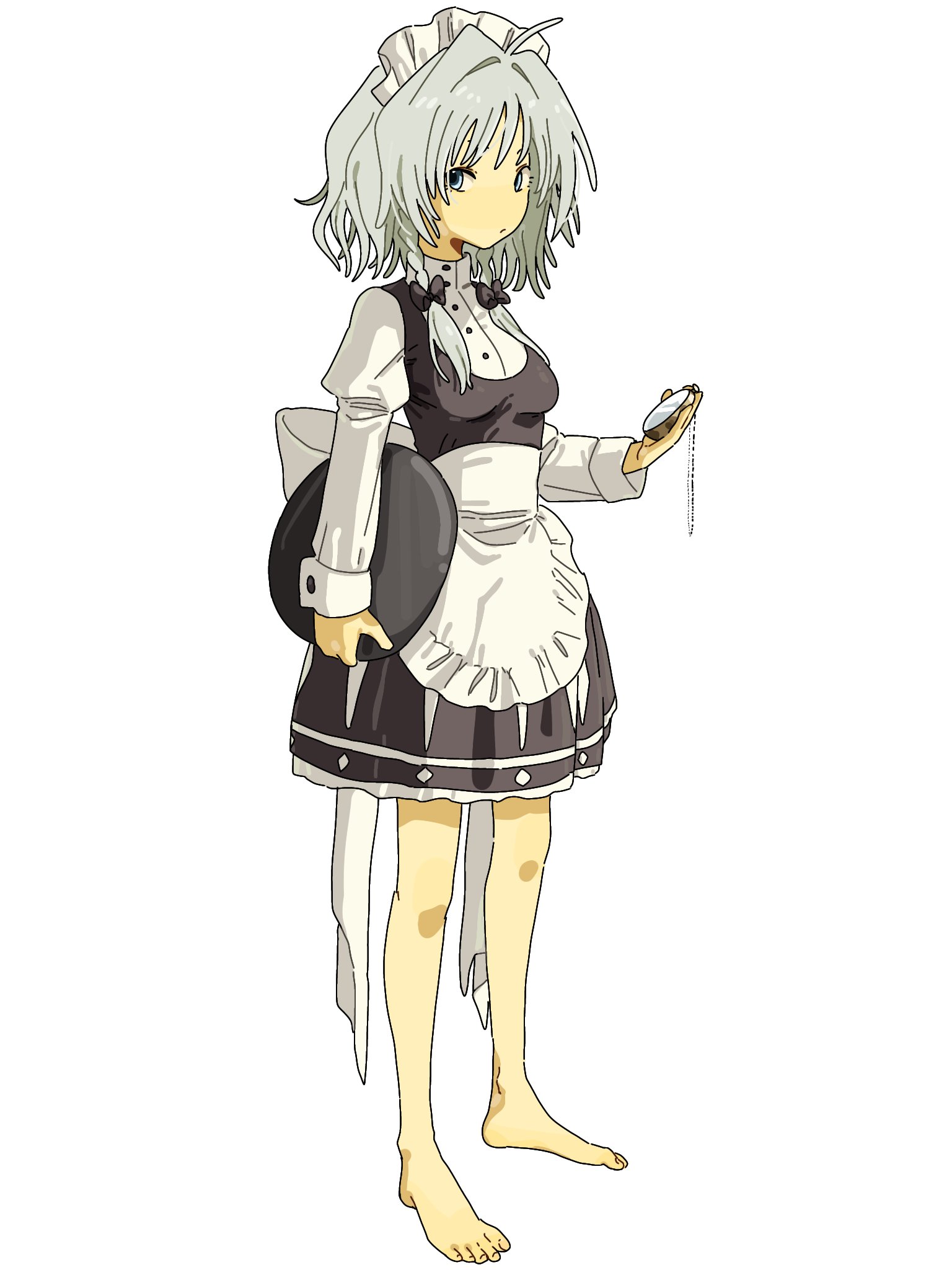 mozupoko, izayoi sakuya, touhou, highres, 1girl, apron, barefoot, black dress, blue eyes, braid, dress, full body, grey hair, holding, holding tray, juliet sleeves, long sleeves, looking at viewer, maid, maid apron, maid headdress, puffy sleeves, short hair, side braids, simple background, solo, tray, white background