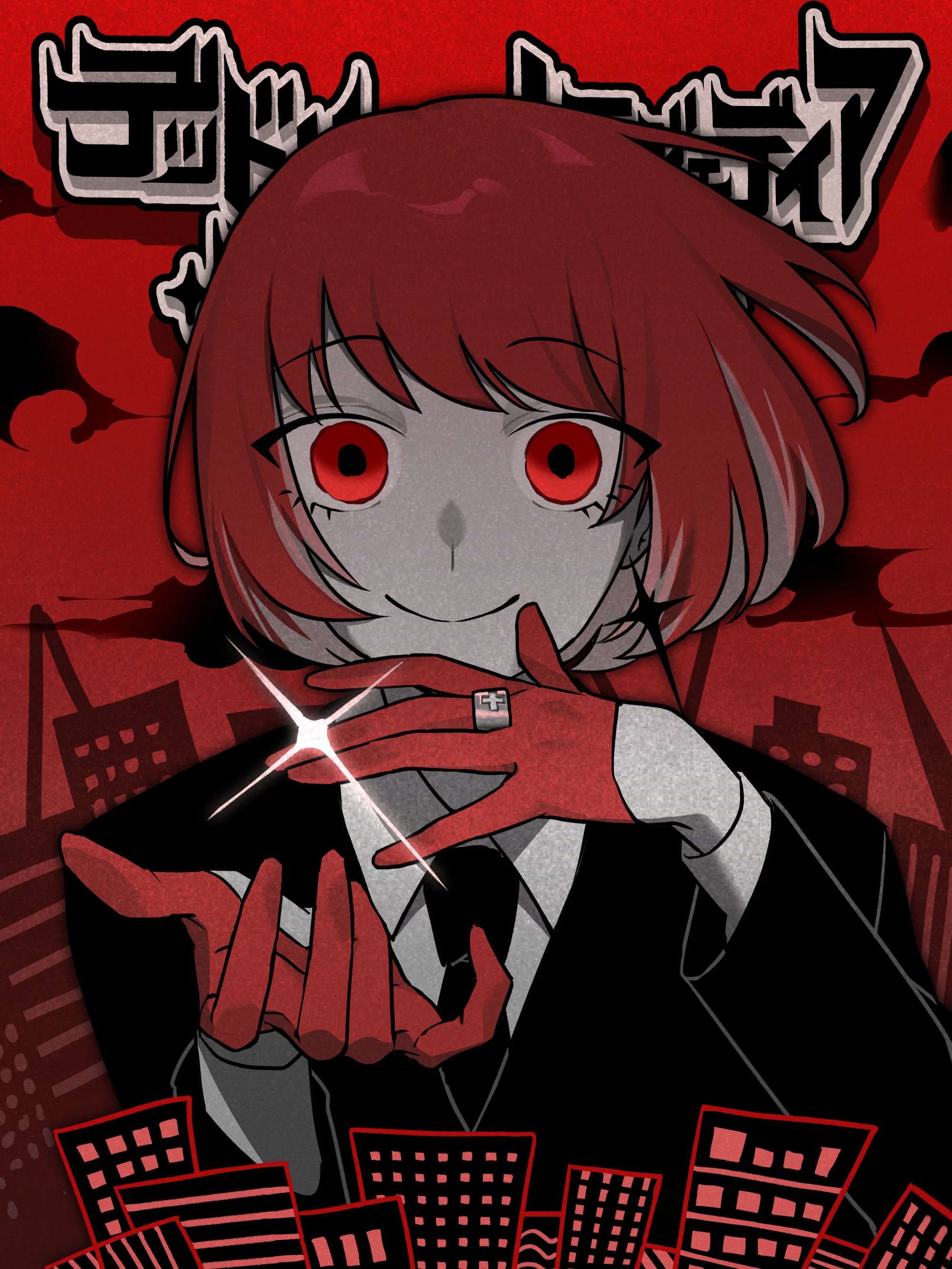 kasane teto, synthesizer v, utau, absurdres, commentary request, highres, 1girl, black jacket, black necktie, building, closed mouth, cloud, collared shirt, colored inner hair, copyright name, dare 1025, deadly madman's tragedia, diffraction spikes, earrings, gloves, half gloves, hands up, jacket, jewelry, long sleeves, multicolored hair, necktie, red eyes, red gloves, red hair, red theme, ring, shirt, short hair, single earring, smile, solo, straight-on, upper body, white shirt